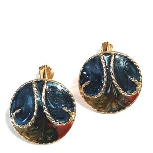 SUMMER SALE! 70s GOLD-TONE MULTICOLORED WESTERN HORN ENAMEL 3/4"CLIP-ON EARRINGS